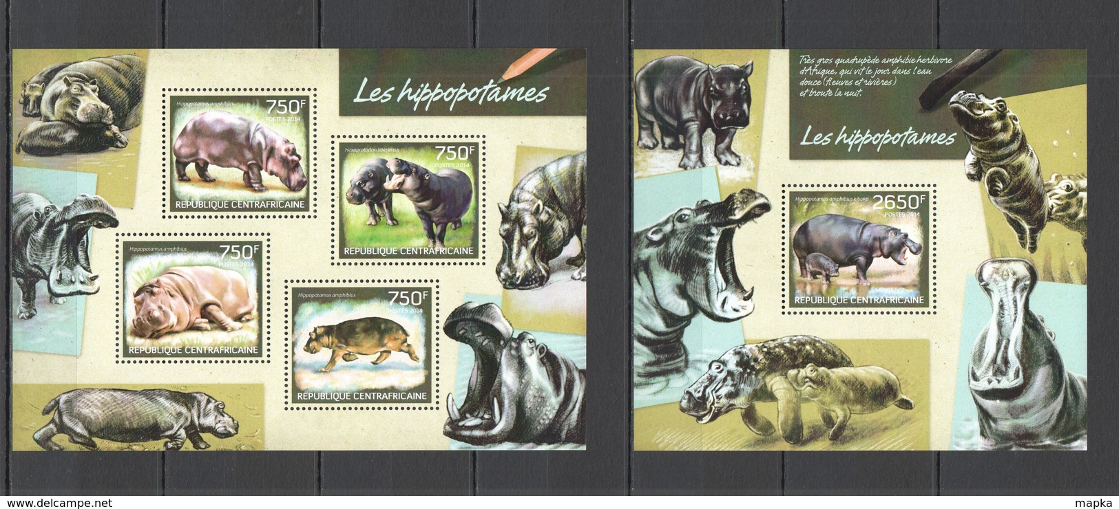 CA426 2014 CENTRAL AFRICA CENTRAFRICAINE FAUNA ANIMALS HIPPO LES HIPPOPOTAMES KB+BL MNH - Other & Unclassified