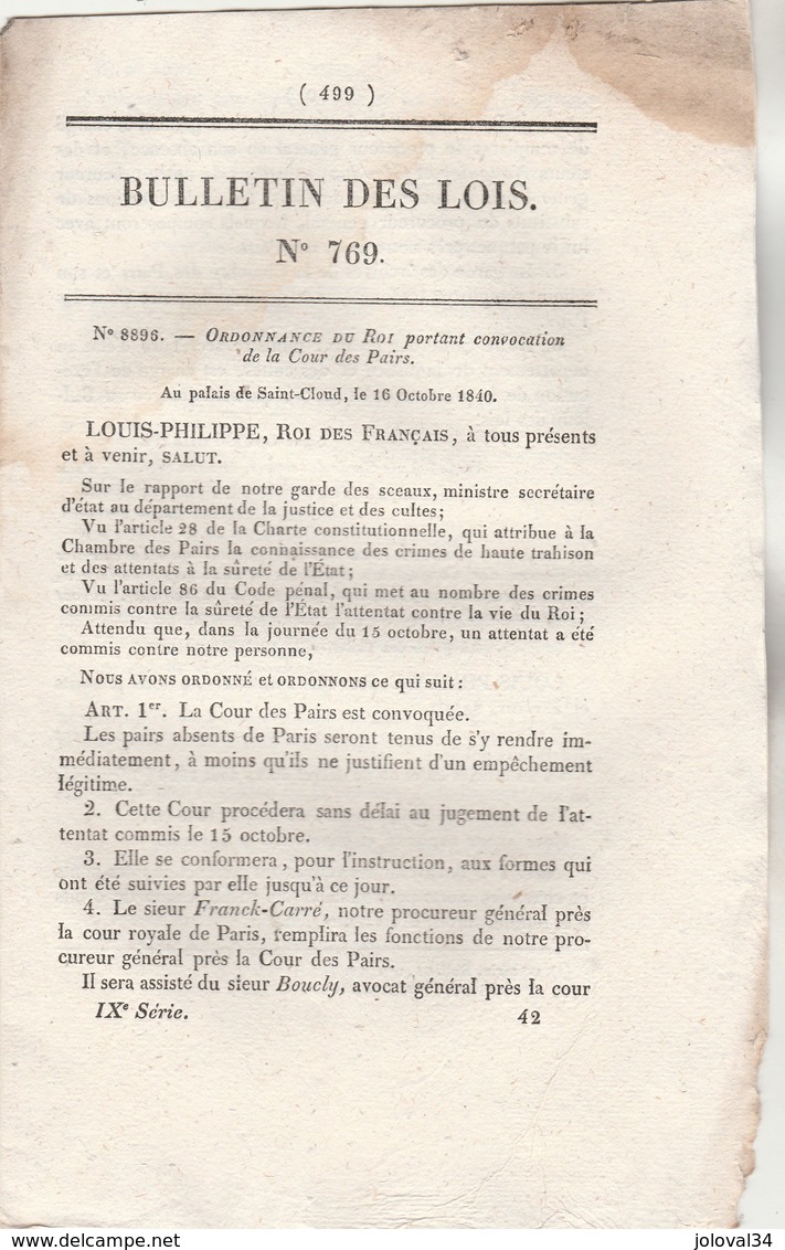 Bulletin Des Lois 769 De 1840 - Relative Aux Paquebots à Vapeur Marseille Toulon, Arles Marseille, Port Vendres Antibes - Décrets & Lois