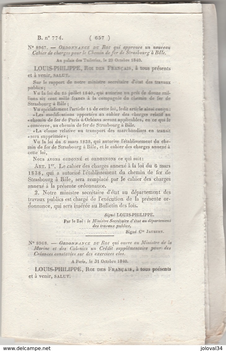 Bulletin Des Lois 774 De 1840 - Ecole Spéciale Militaire - Haras - Chemin De Fer Strasbourg à Bâle - Décrets & Lois