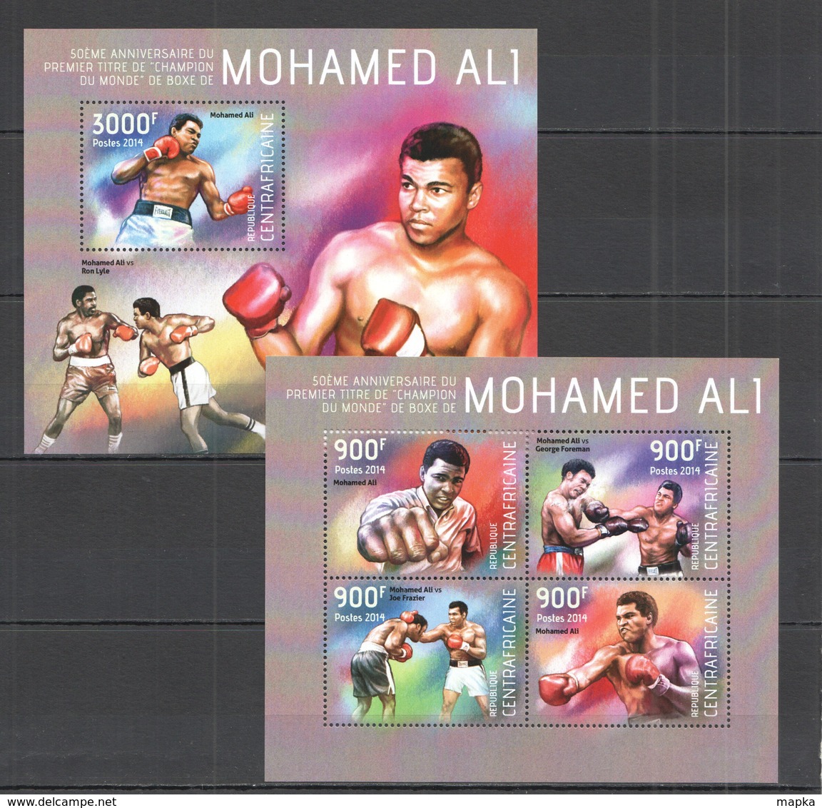 CA490 2014 CENTRAL AFRICA CENTRAFRICAINE SPORT BOXING WORLD CHAMPION MUHAMMAD ALI KB+BL MNH - Boxing