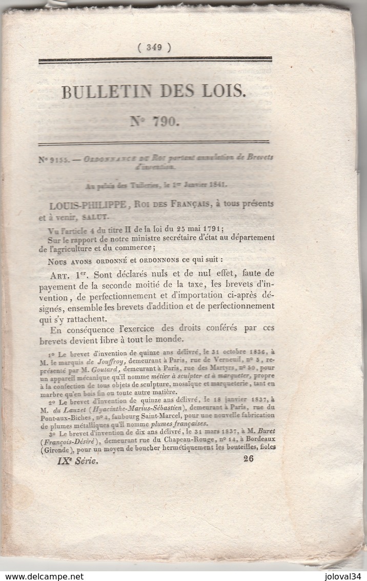 Bulletin Des Lois 790 De 1841 - Annulation Brevets Invention ( Avec Description Brevet ) - Bonifacio Corse - Décrets & Lois