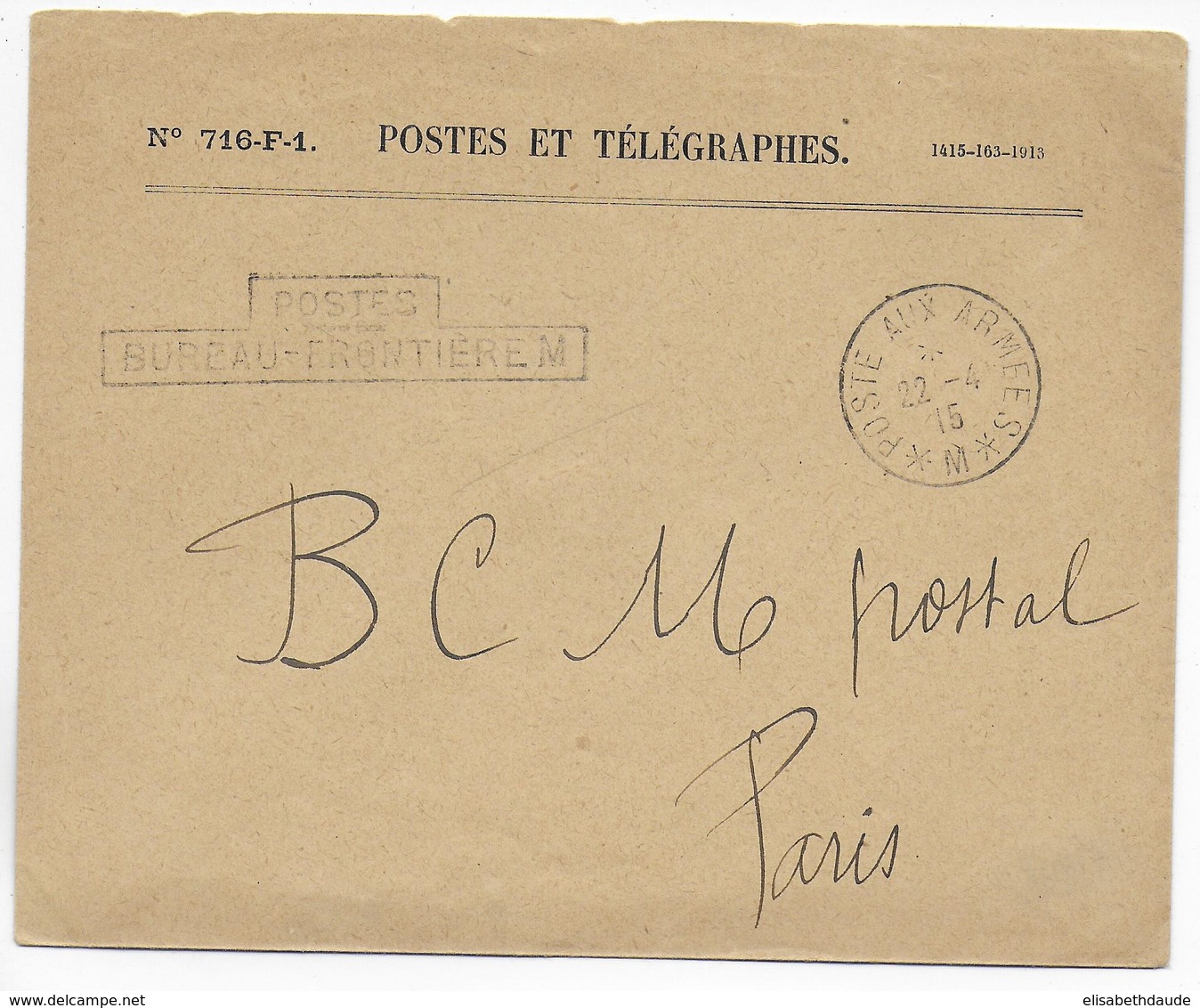 1915 - BUREAU FRONTIERE M AVEC CHAPEAU - LE BOURGET - ENVELOPPE FM => BCM PARIS - Guerre De 1914-18