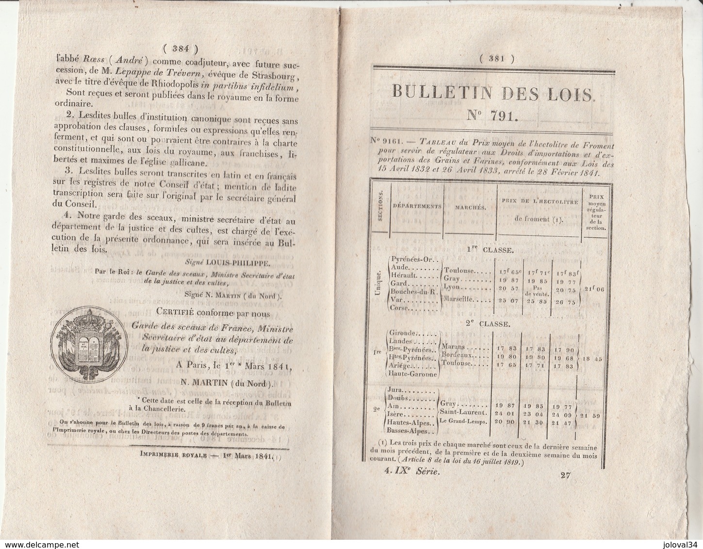 Bulletin Des Lois 791 De 1841 -  Prix Froment - Publication Bulles D'institution Canonique Gap Périgueux Strasbourg - Décrets & Lois