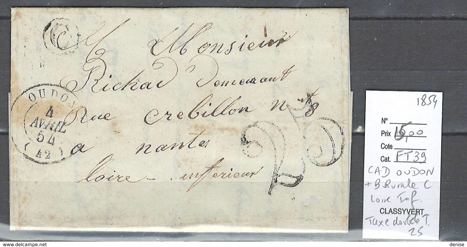 France - Lettre  CAD D'OUDON En Loire Inférieure - Boite Rurale C - 1854 - 1849-1876: Période Classique