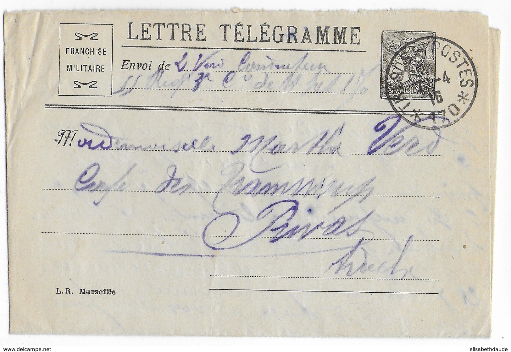 1916 - LETTRE TELEGRAMME FM MODELE RARE - Ed MARSEILLE - Du SP 170 => PRIVAS (ARDECHE) - Guerre De 1914-18