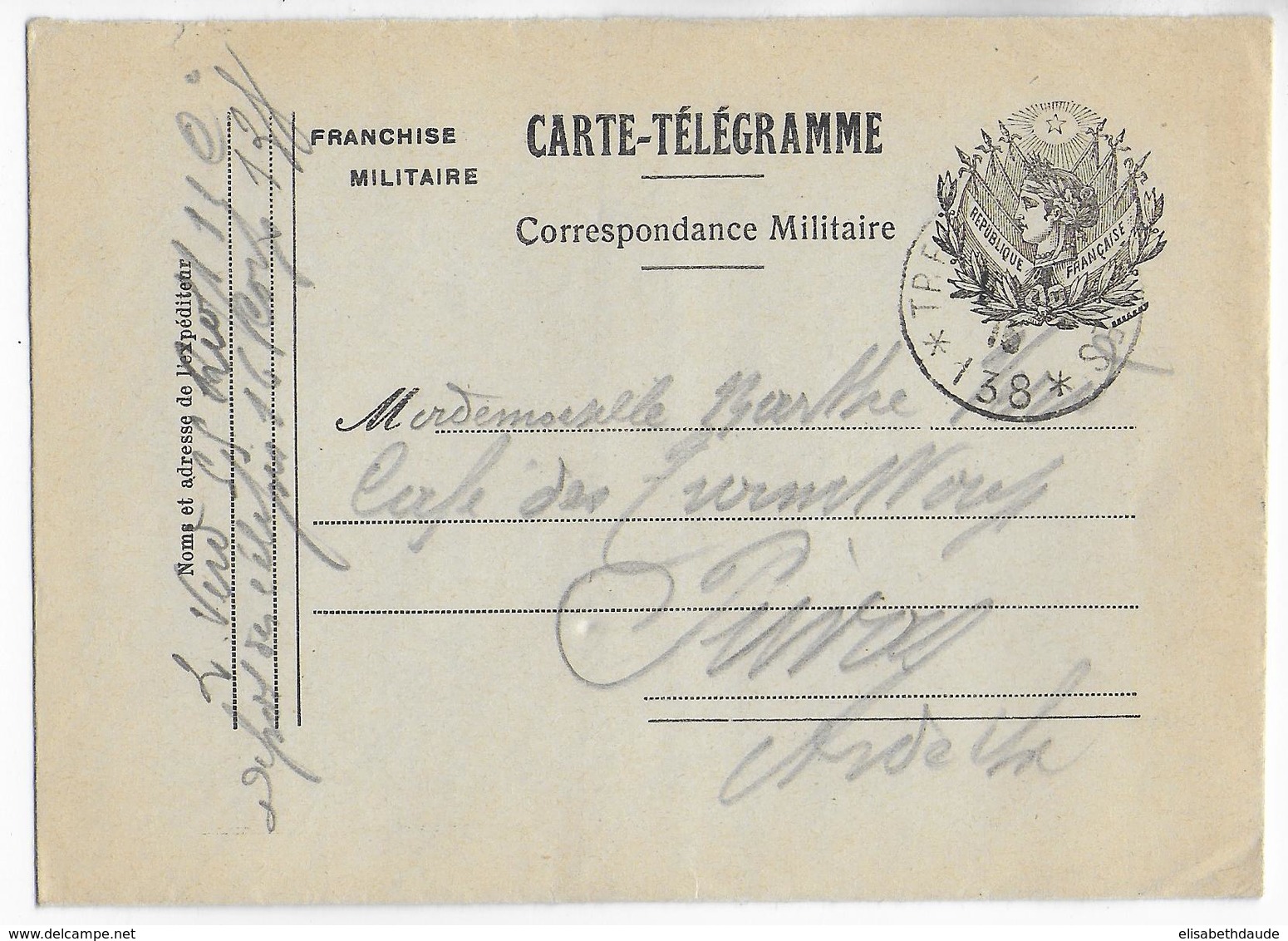 1915 - CARTE TELEGRAMME FM MODELE RARE - Du SP 138 => PRIVAS (ARDECHE) - Lettres & Documents