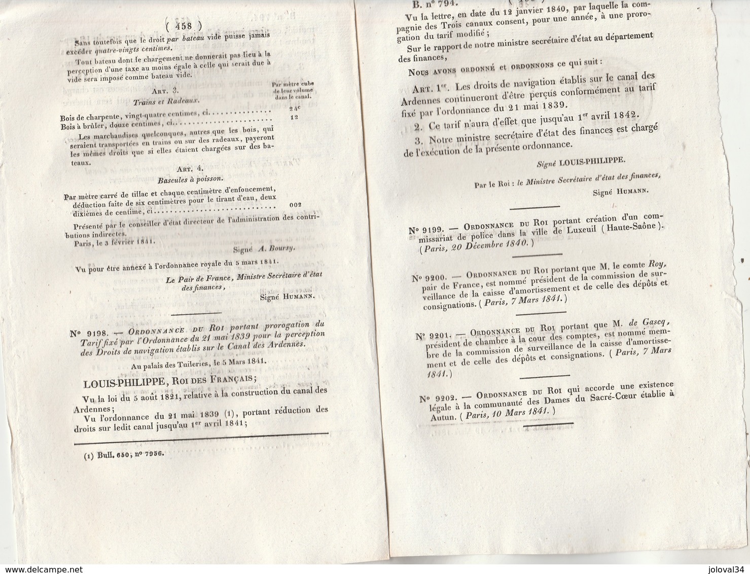 Bulletin Des Lois 794 De 1841 - St Etienne - Droits Navigation Canal Latéral à La Loire, , Canal Des Ardennes - Décrets & Lois