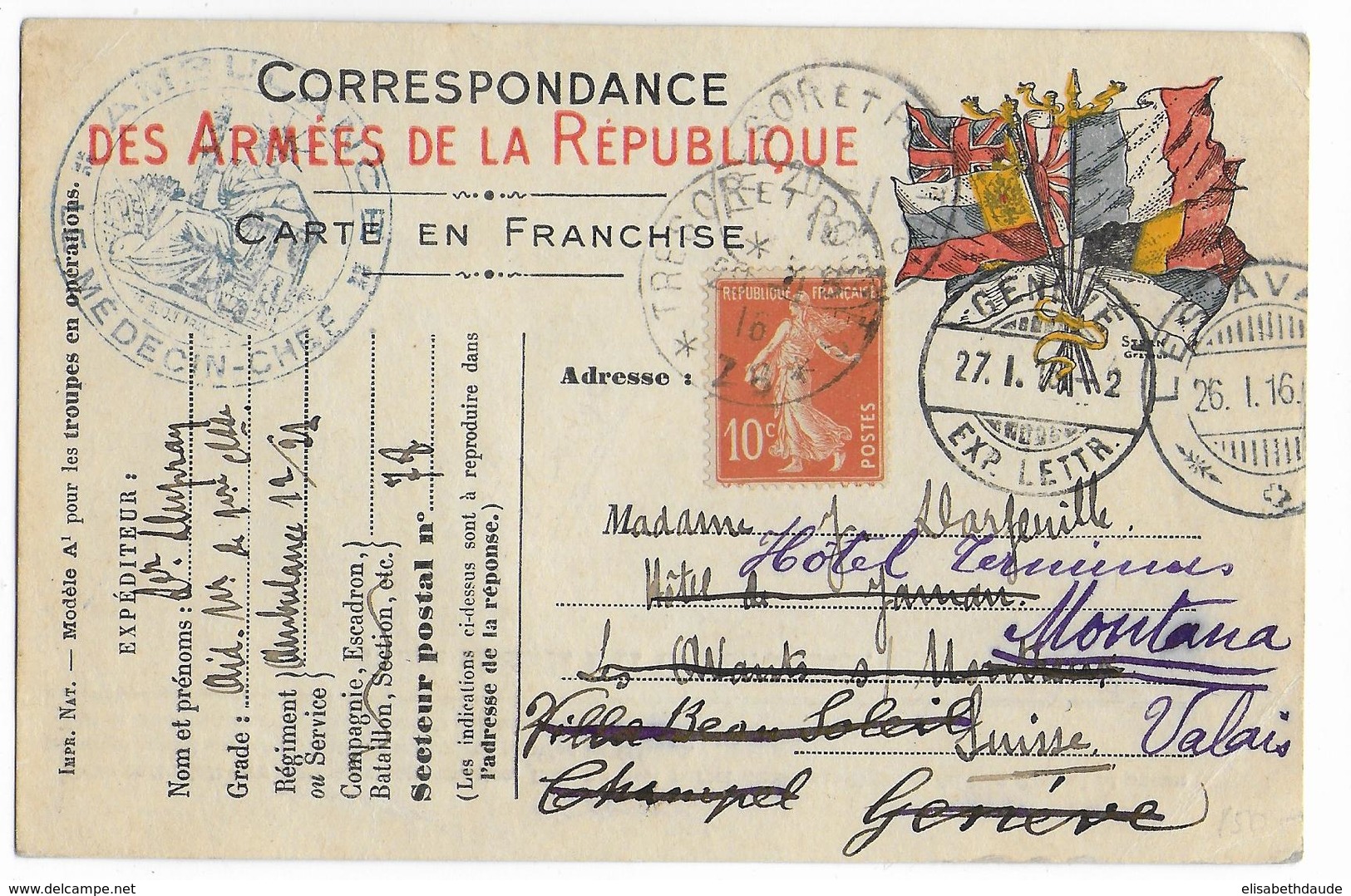 1916 - CARTE FM De L'AMBULANCE 12/21 Avec COMPLEMENT SEMEUSE => GENEVE (SUISSE) => MONTANA (VALAIS) ! - Guerre De 1914-18