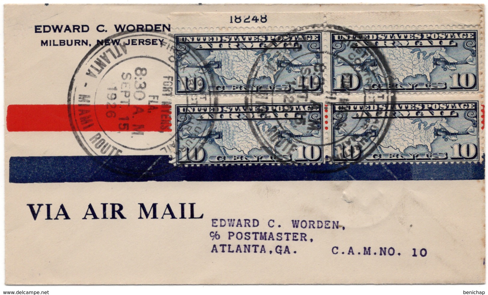 (R67) Scott C7 X Block Of 4 - Number Plate 18248 - Atlanta-Miami Route - C.A.M. 10 -  Fort-Myers - Double Cancel - 1926 - 1c. 1918-1940 Lettres