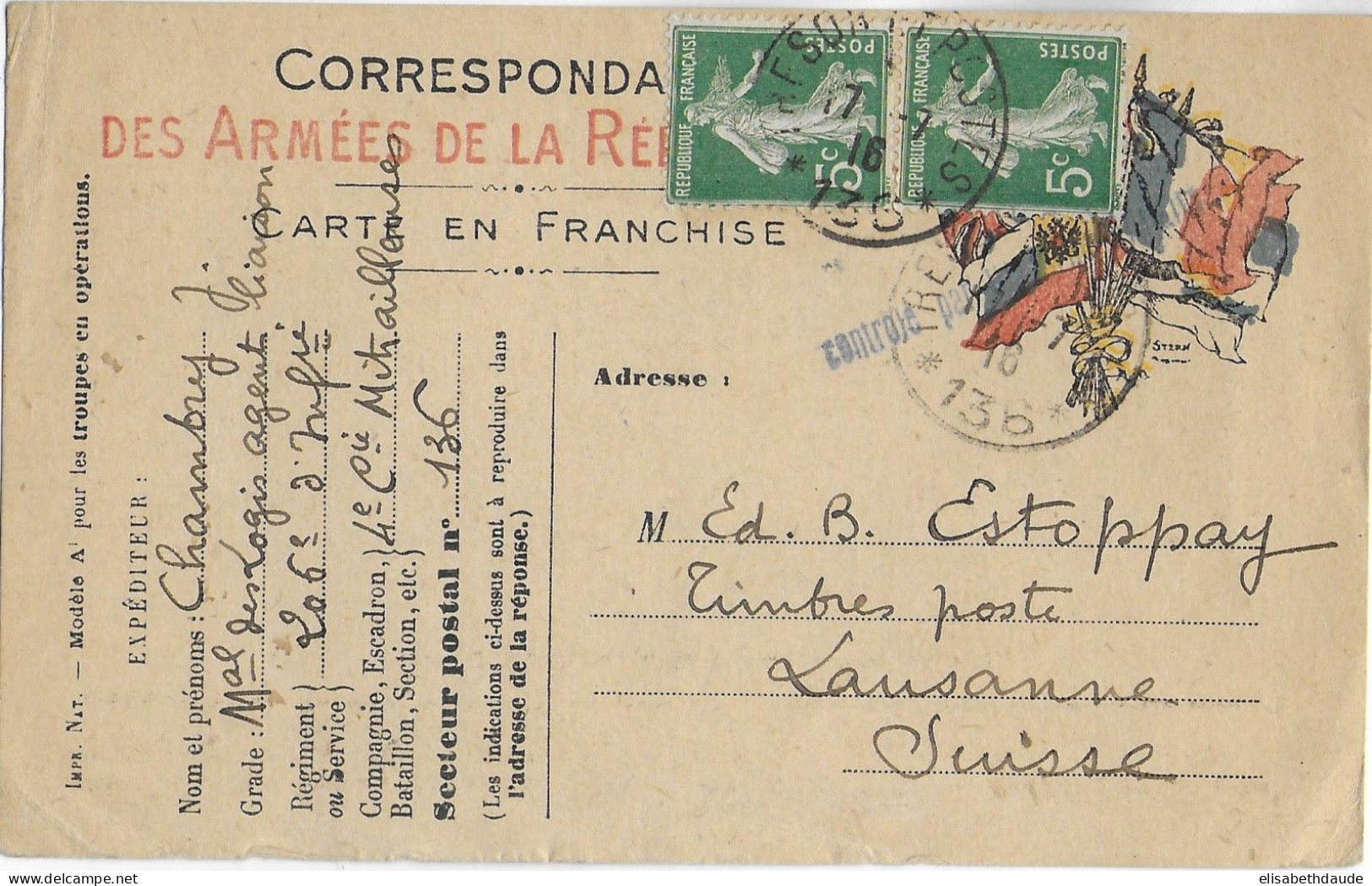1916 - CARTE FM Du SP 136 Avec COMPLEMENT SEMEUSE + CENSURE => LAUSANNE (SUISSE) - Guerre De 1914-18
