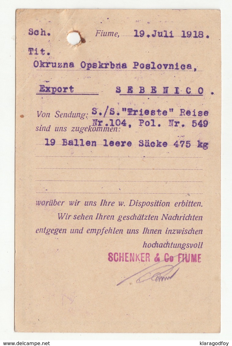 Schenker & Co. Fiume Company Perfin On Postal Stationery Posted 1918 To Sebenico (Šibenik) B200120 - Croatia