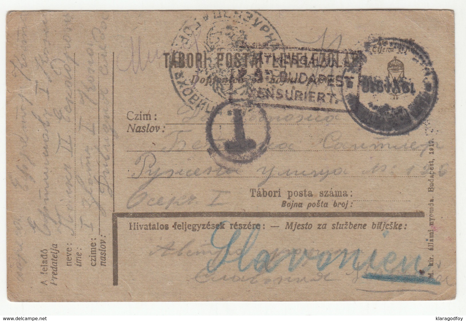 Hungary WWI Feldpost Dopisnica Za Bojnu Poštu Posted 1918 To Slavonia - Censored Bulgaria And Budapest B200120 - Croazia