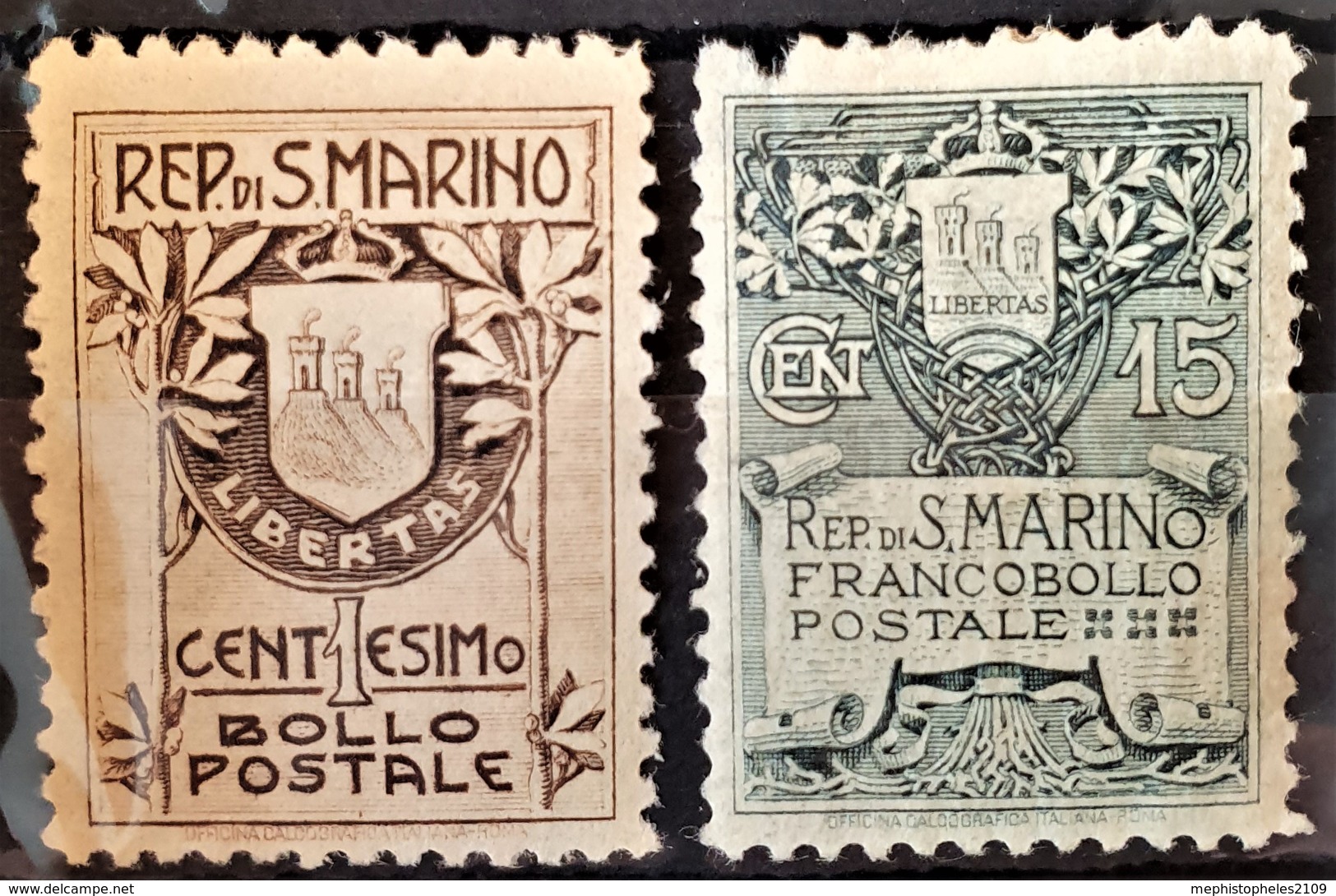 SAN MARINO 1907/10 - MLH - Sc# 78, 79 - 1c 15c - 79 Damaged On Upper Left Corner! - Unused Stamps