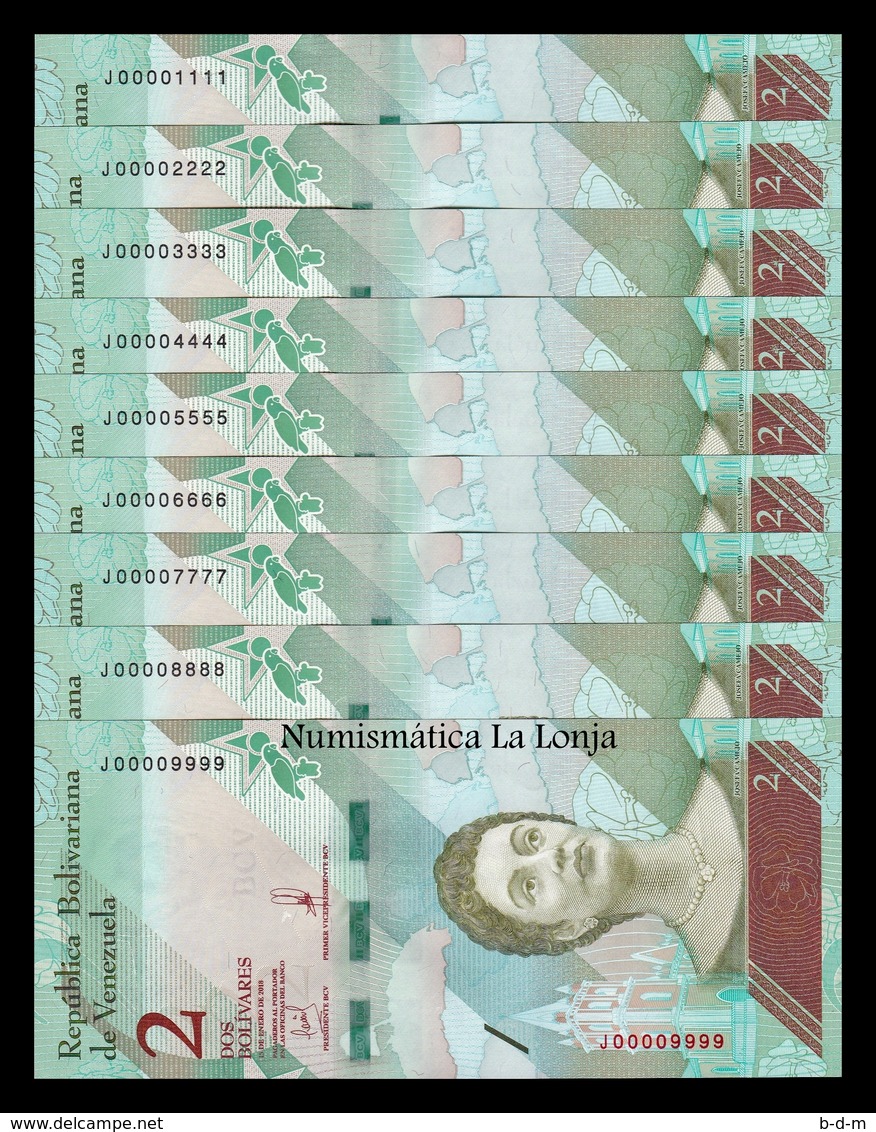 Venezuela Colección 9 Billetes 2 Bolívares 2018 Pick 101 Nice Serial SC UNC - Venezuela