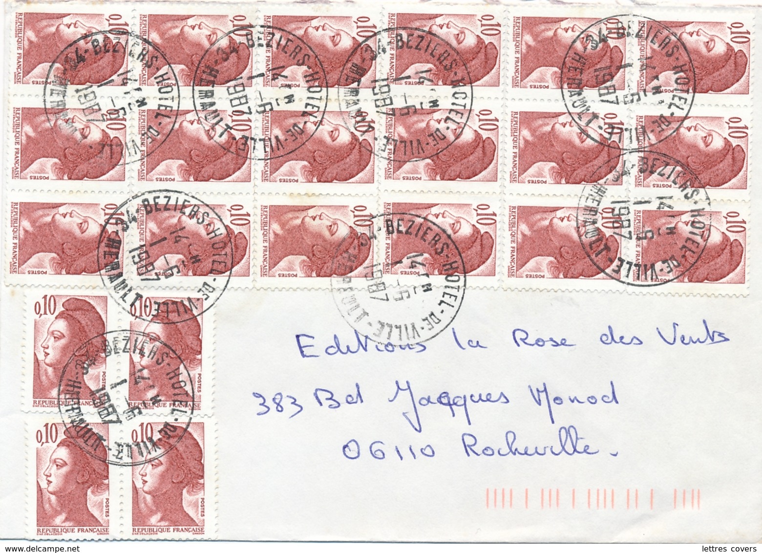 LIBERTÉ DE GANDON 0.10 22 Pièces Sur Lettre Obl " BEZIERS HOTEL DE VILLE HERAULT 1/6/87 - 1982-1990 Liberté (Gandon)