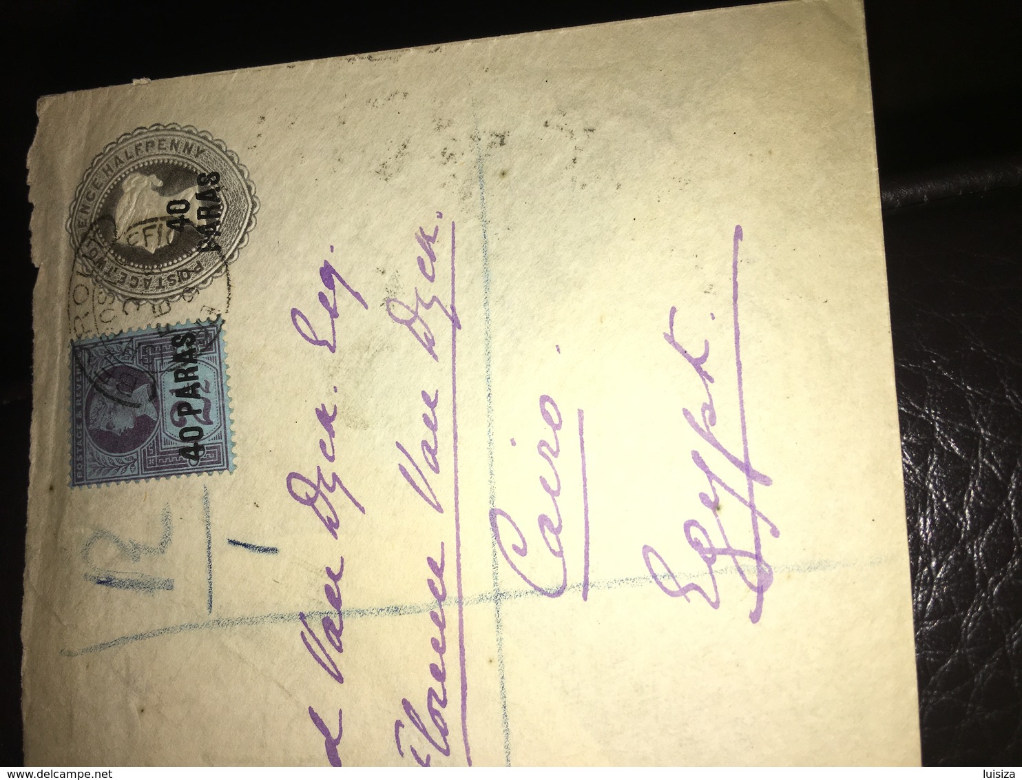 See photos. Great Britain 2 1/2d QV Overprinted 40 Paras 1895 British Post Office, Beirut to Cairo, Egypt.