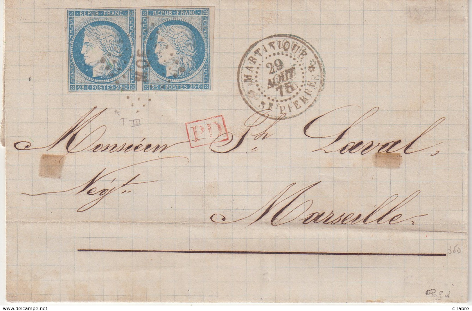 COLONIES GENERALES : N° 23 . PAIRE . OBL . " MQU " . DE ST PIERRE . POUR MARSEILLE . TB . 1875 . SIGNE . LST . - Ceres