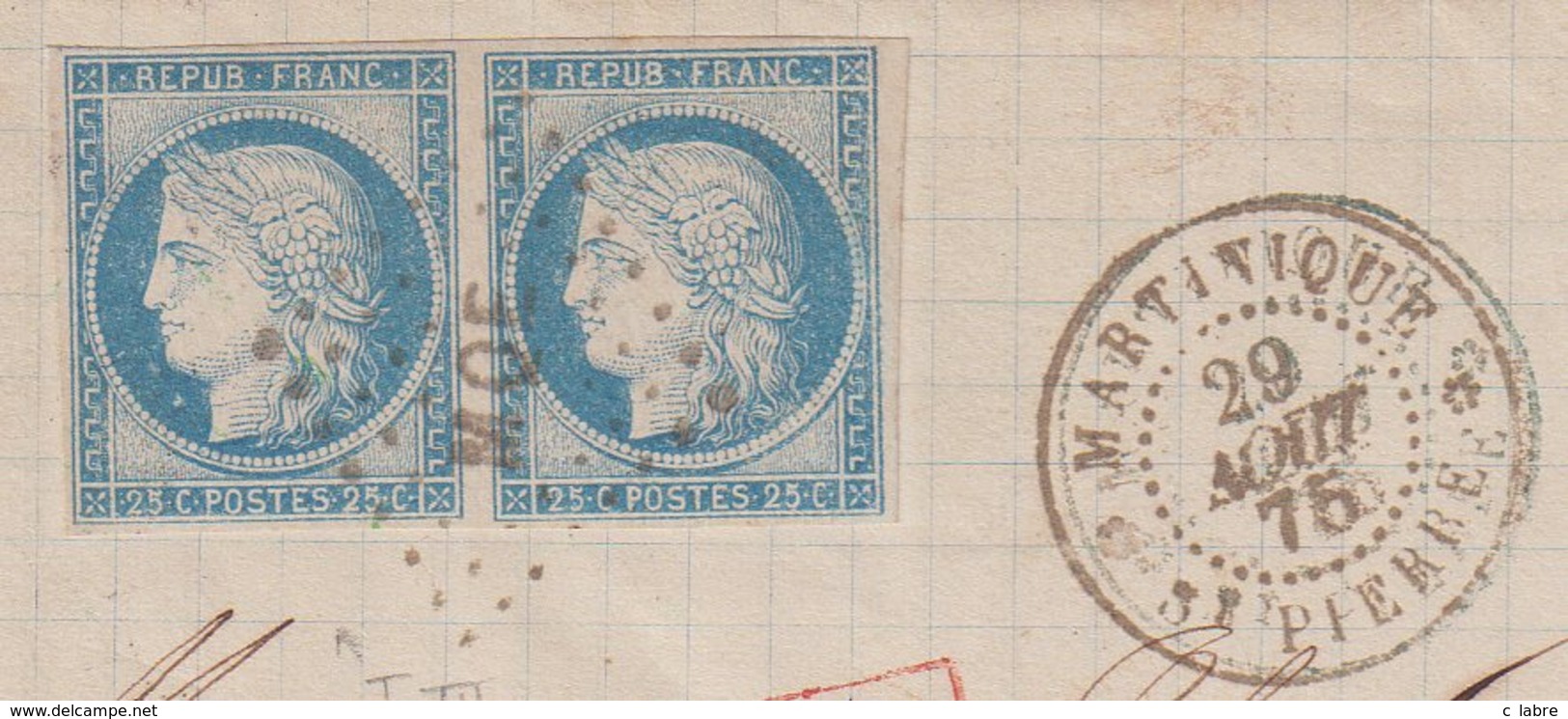 COLONIES GENERALES : N° 23 . PAIRE . OBL . " MQU " . DE ST PIERRE . POUR MARSEILLE . TB . 1875 . SIGNE . LST . - Ceres