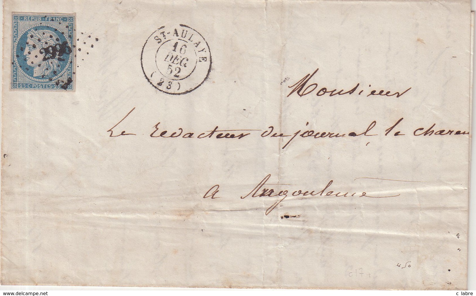 FRANCE : PC 2996 . " ST AULNAY " . (23) . N° 4 . ET CAD T15 . B . 1852 . - 1849-1876: Classic Period