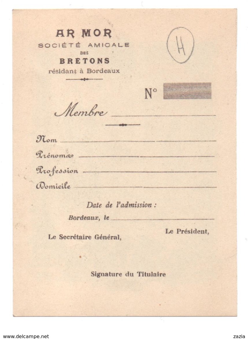 29. 813 / Carte De Membre AR MOR Société Amicale Des Bretons Résidant à Bordeaux - Unclassified