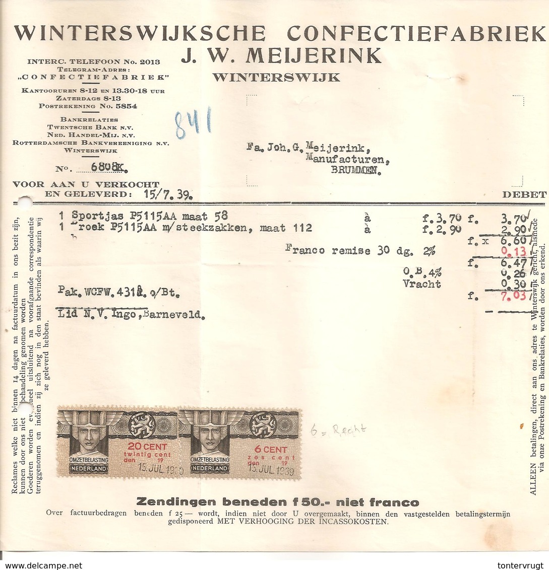 1939 Omzetbelasting 6ct+20ct. Meijerink Confectiefabriek Winterswijk>Brummen - Revenue Stamps