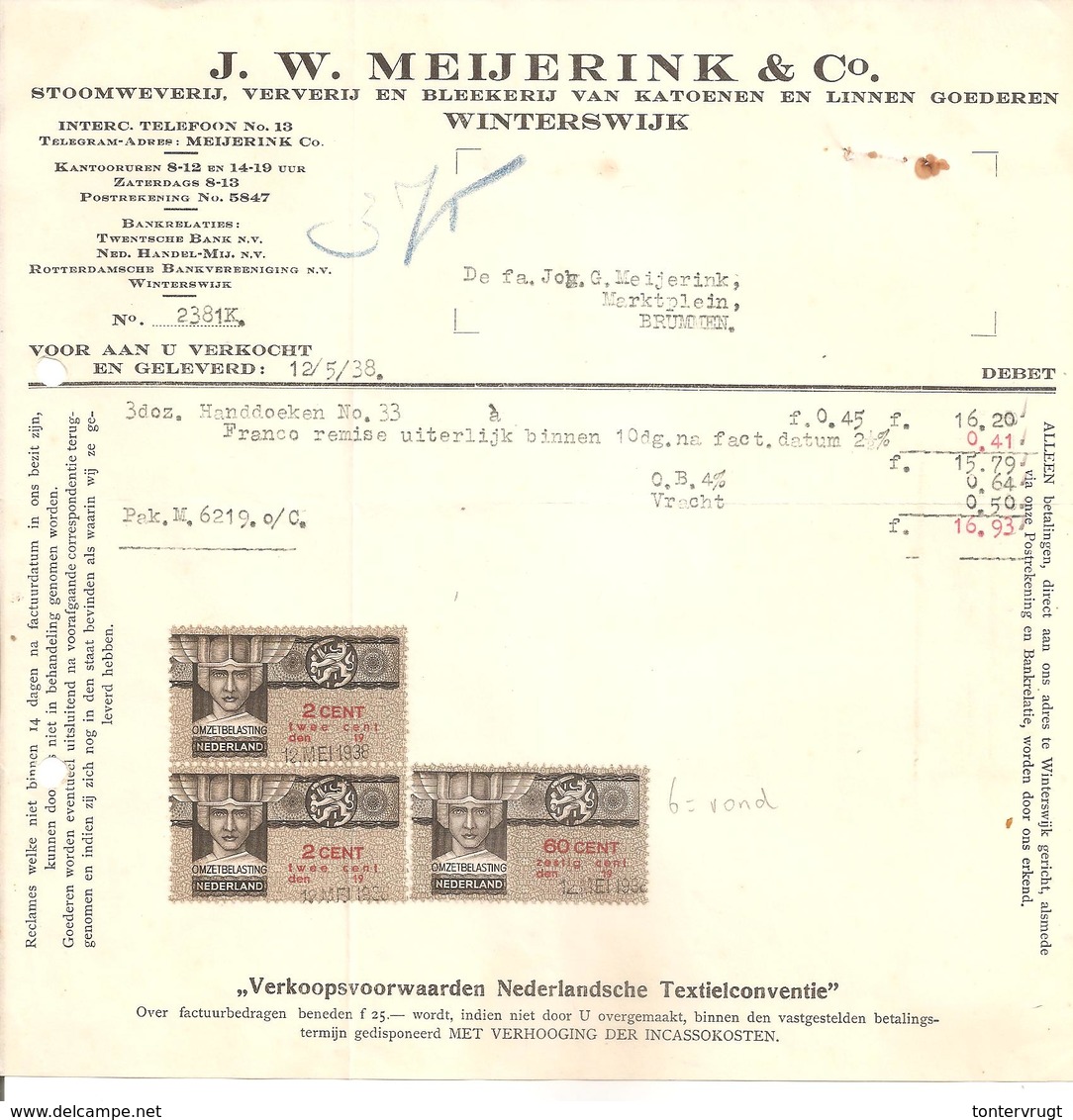 1938 Omzetbelasting 2x2ct+60ct. Meijerink Confectiefabriek Winterswijk>Brummen - Revenue Stamps