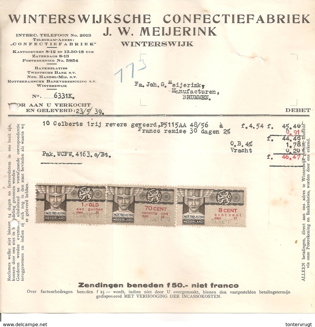 1939 Omzetbelasting 8ct+70ct+1Gld. Meijerink Confectiefabriek Winterswijk>Brummen+ - Fiscaux