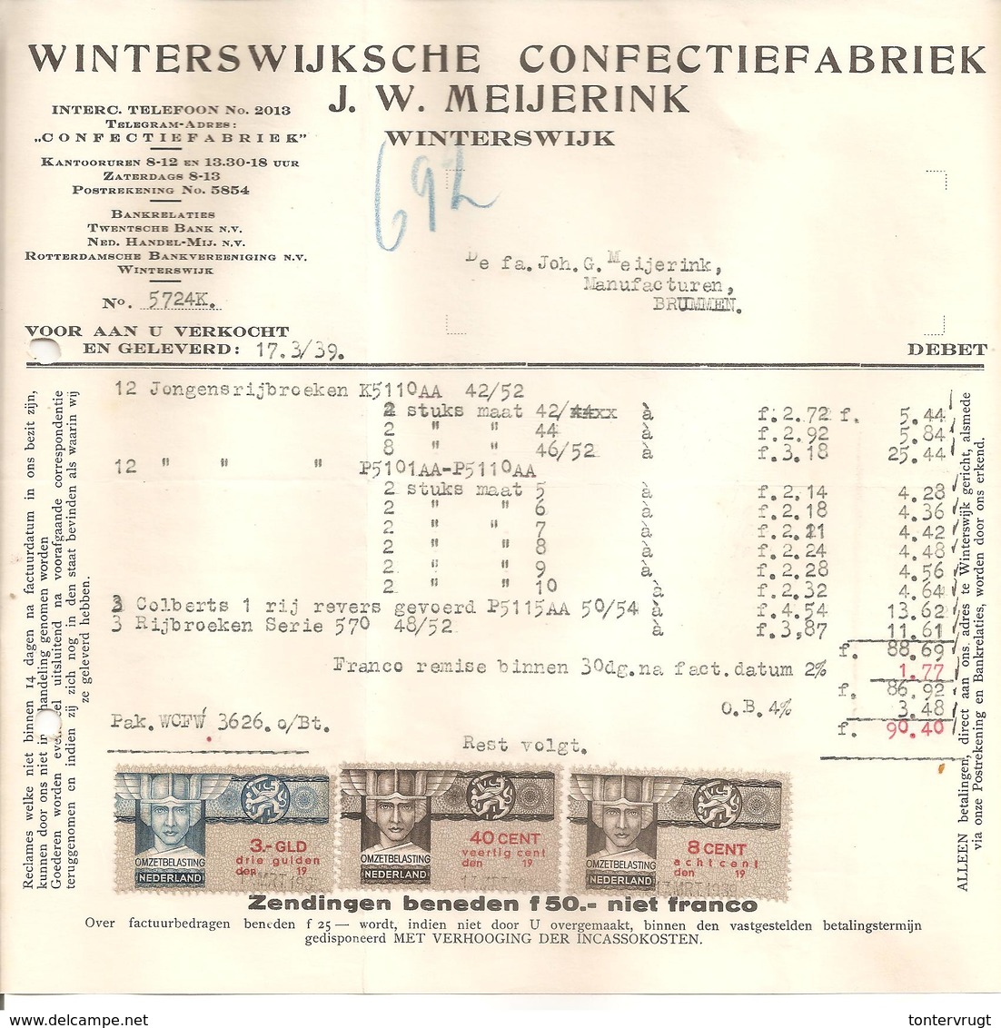 1939 Omzetbelasting 8ct+40ct+3Gld. Meijerink Confectiefabriek Winterswijk>Brummen+ - Fiscales