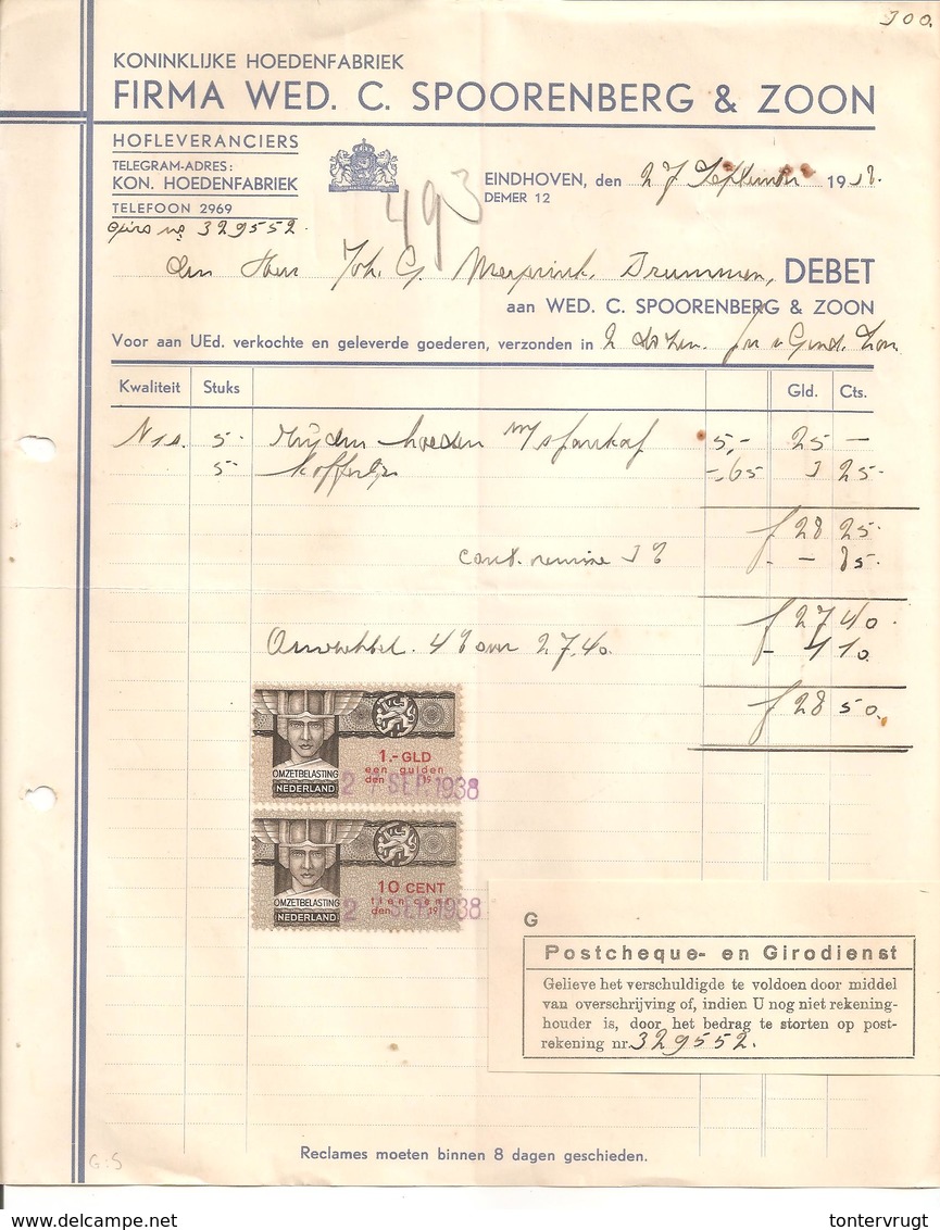 1938 Omzetbelasting 10ct+1Gld. Spoorenberg Hoedenfabriek Eindhoven>Brummen - Revenue Stamps