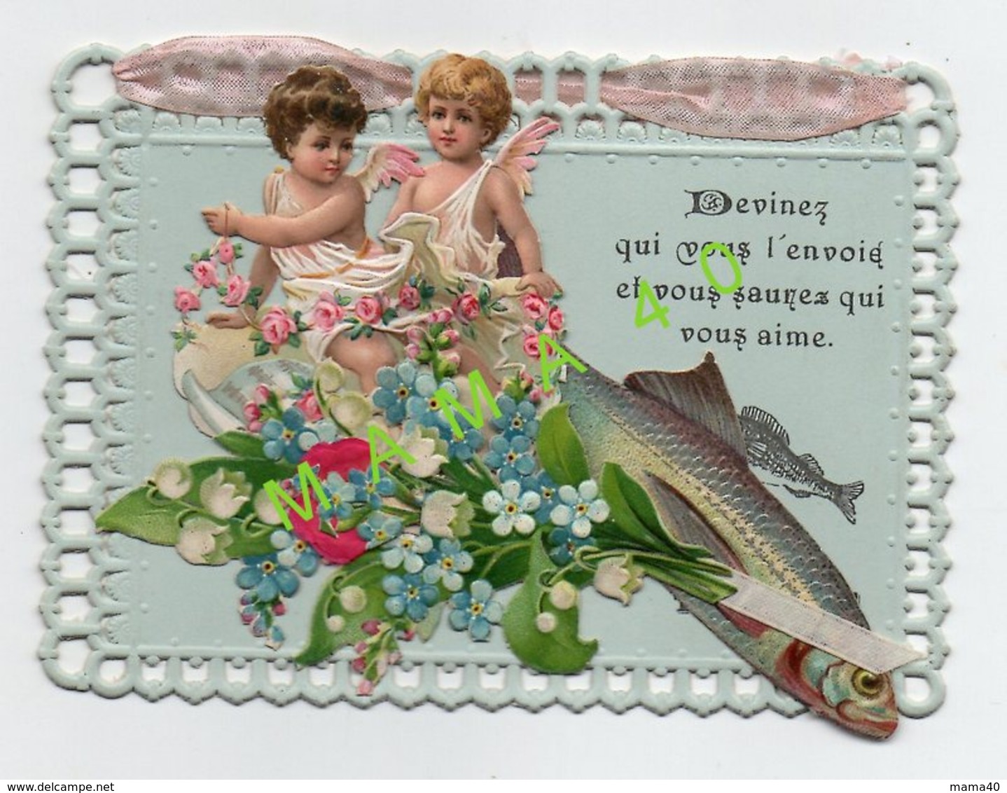 CARTE 1er AVRIL - 1909 - DECOUPIS - AJOUREE - 2 ANGES SUR UN POISSON  - BOUQUET DE FLEURS DU MUGUET ET MIOSOTIS - April Fool's Day