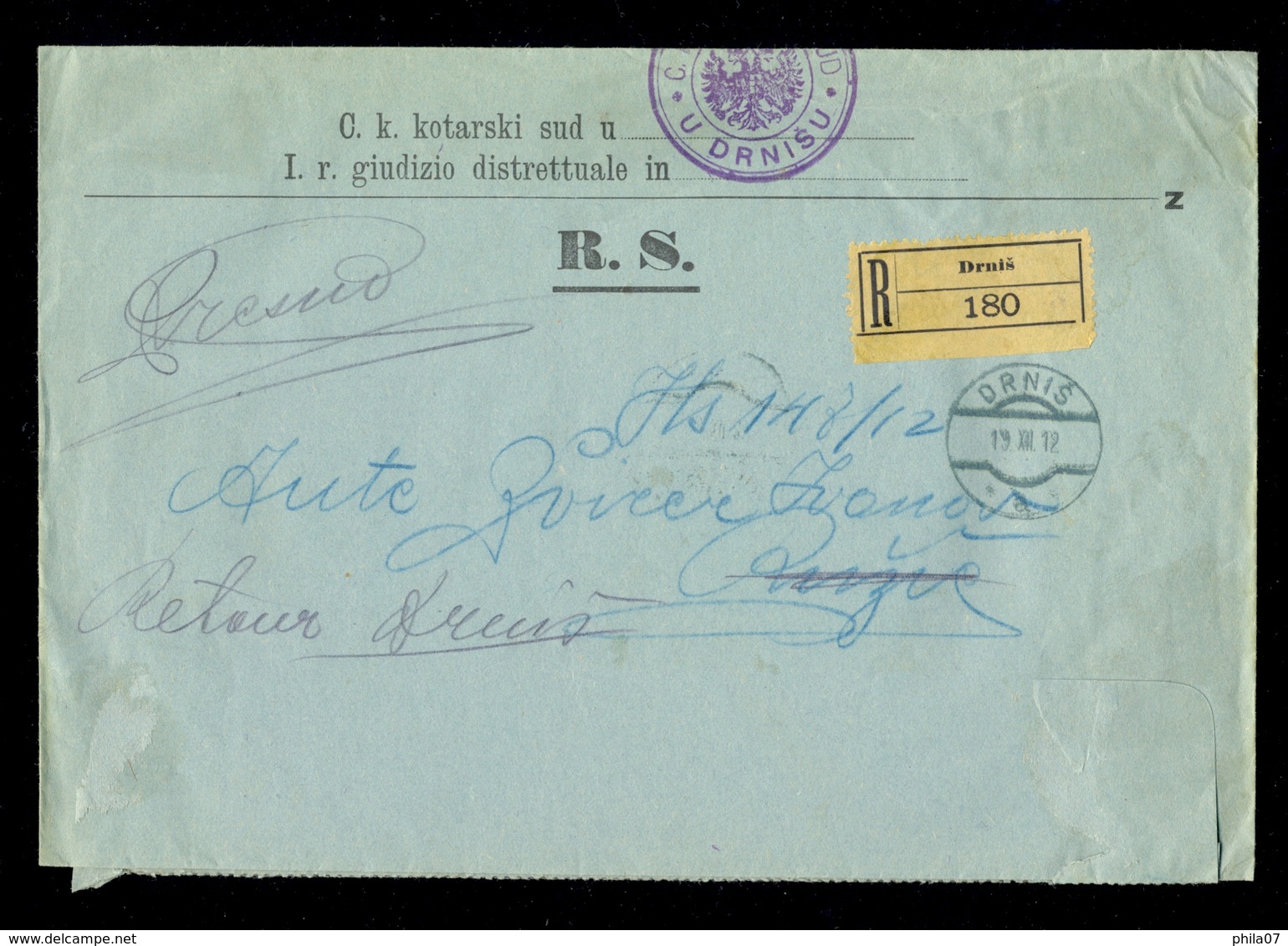 Austria, Dalmatia - Court Letter Sent By Registered Mail From Drniš 19.12. 1912. - Altri & Non Classificati