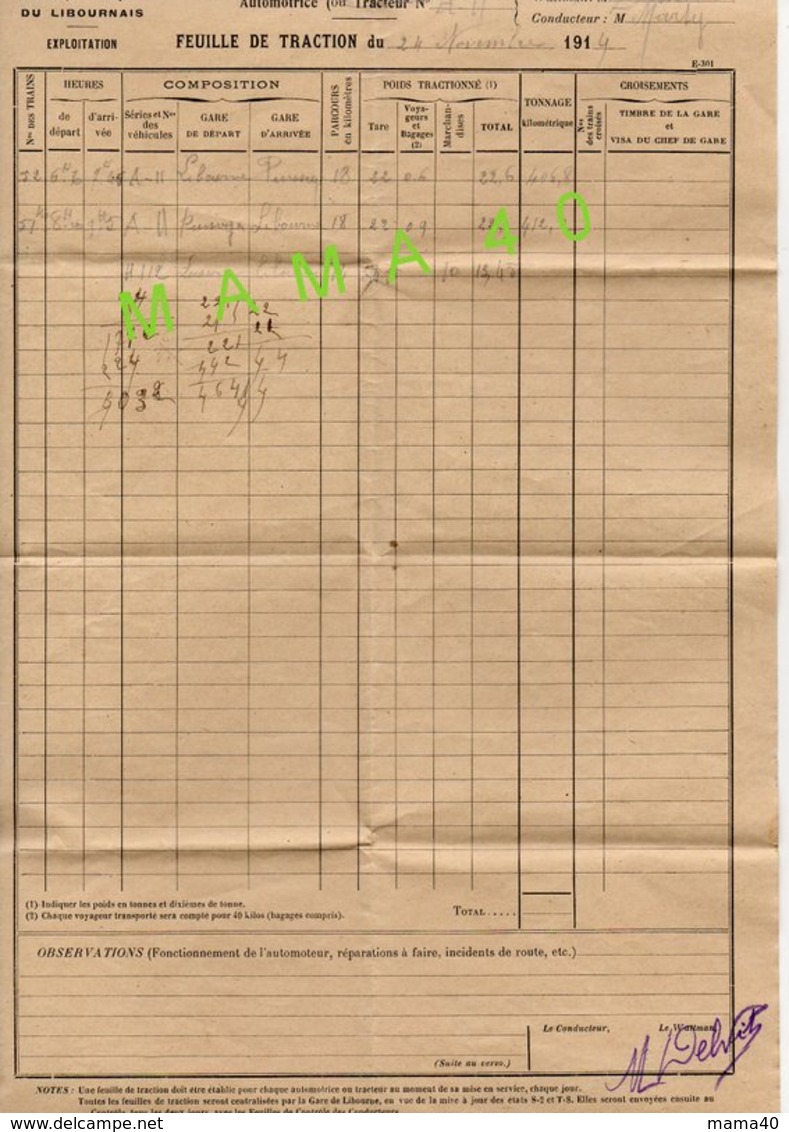 33 - LIBOURNE - FEUILLE DE TRACTION DE 1914 - TRAMWAYS ELECTRIQUES DU LIBOURNAIS - Autres & Non Classés