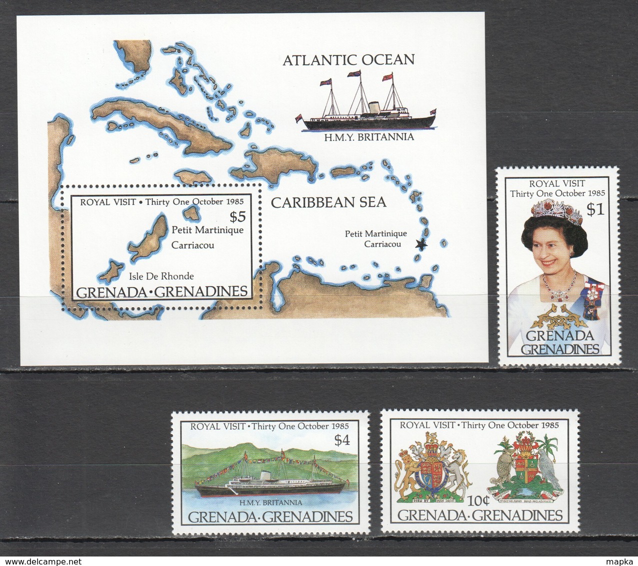 B985 1985 GRENADA GRENADINES SHIPS VISIT ELIZABETH #713-5 MICHEL 15,5 EURO BL+SET MNH - Royalties, Royals