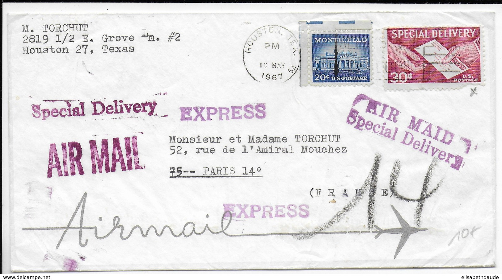USA - 1967 -  ENVELOPPE EXPRESS De HOUSTON (TEXAS) => PARIS - Marcophilie