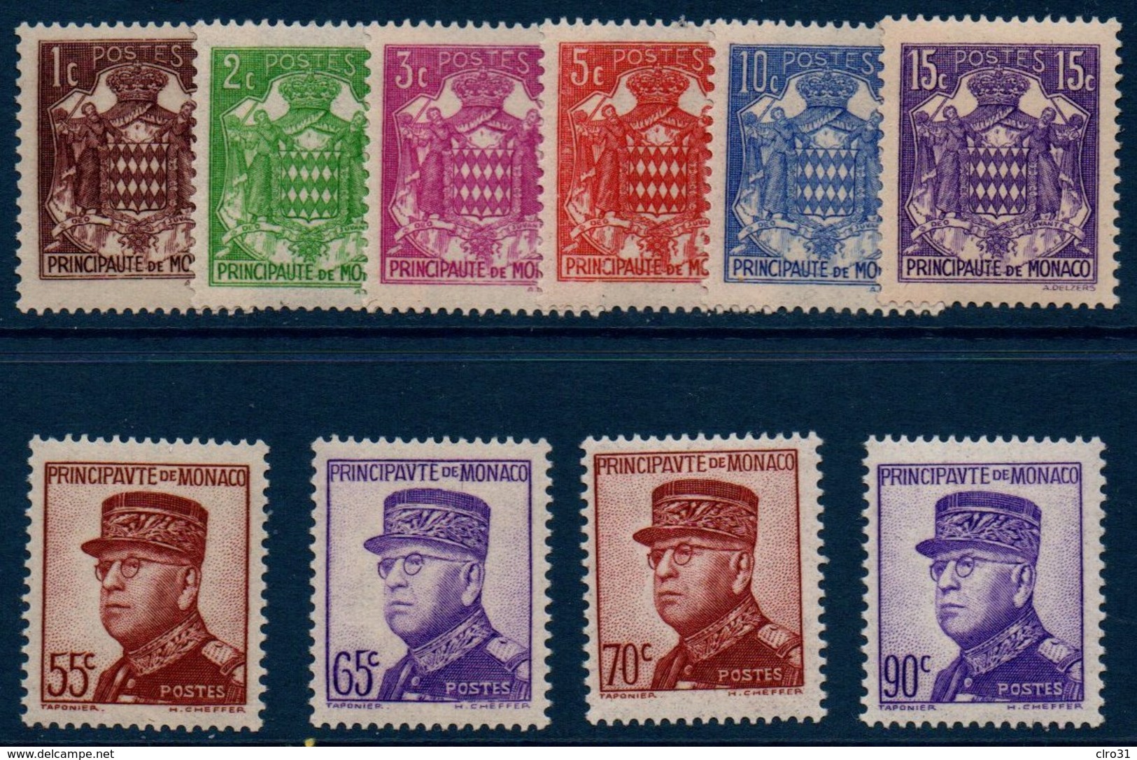 MON  1937/39  Armoiries Et  Prince Louis II  : 10 Des Premières Valeurs De La Série N°YT 154-166 ** MNH (dont Le 65c) - Neufs