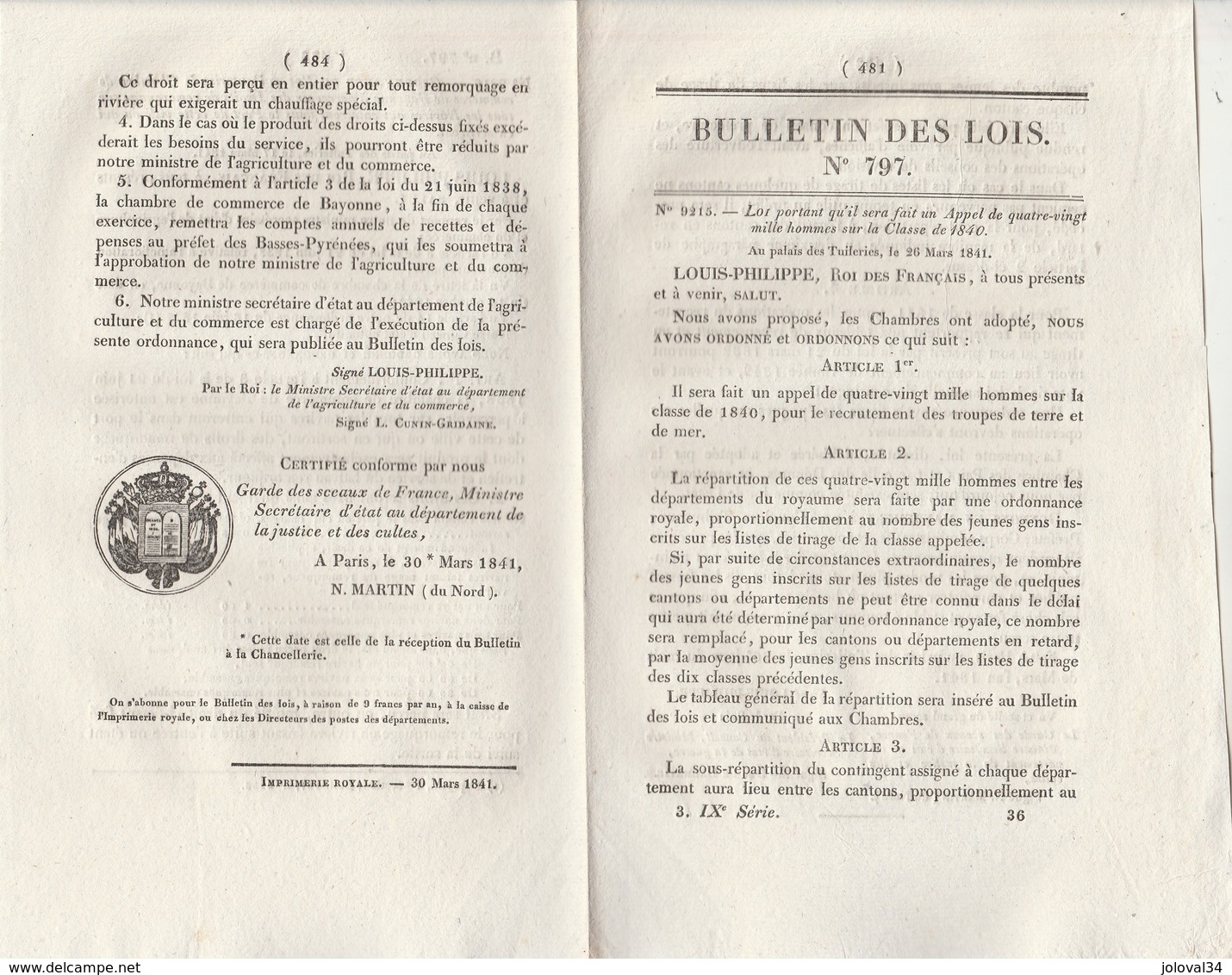 Bulletin Des Lois 797 De 1841 - Droits Remorquage Sur Navires Entrant Dans Bayonne Basses Pyrénées - Décrets & Lois