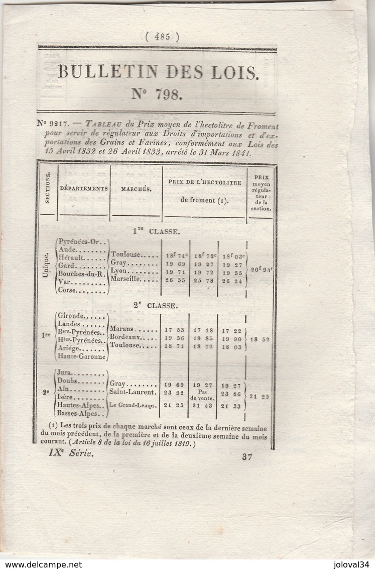 Bulletin Des Lois 798 De 1841 - Prix Froment - Pont Suspendu Sur Dordogne Entre Neuvie Corrèze Et Arches Cantal - Décrets & Lois