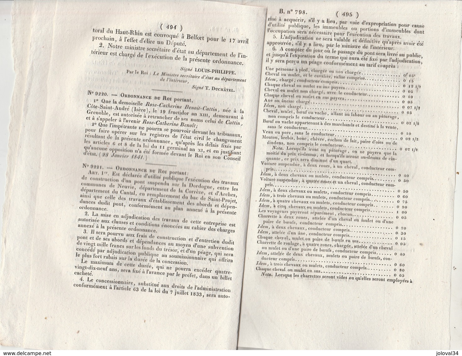 Bulletin Des Lois 798 De 1841 - Prix Froment - Pont Suspendu Sur Dordogne Entre Neuvie Corrèze Et Arches Cantal - Décrets & Lois