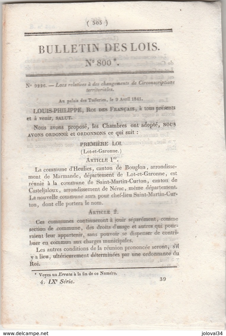 Bulletin Des Lois 800 De 1841 - Règlement Sur Les Concessions De Mines De Sel Et De Sources Et Puits D'eau Salée - Décrets & Lois