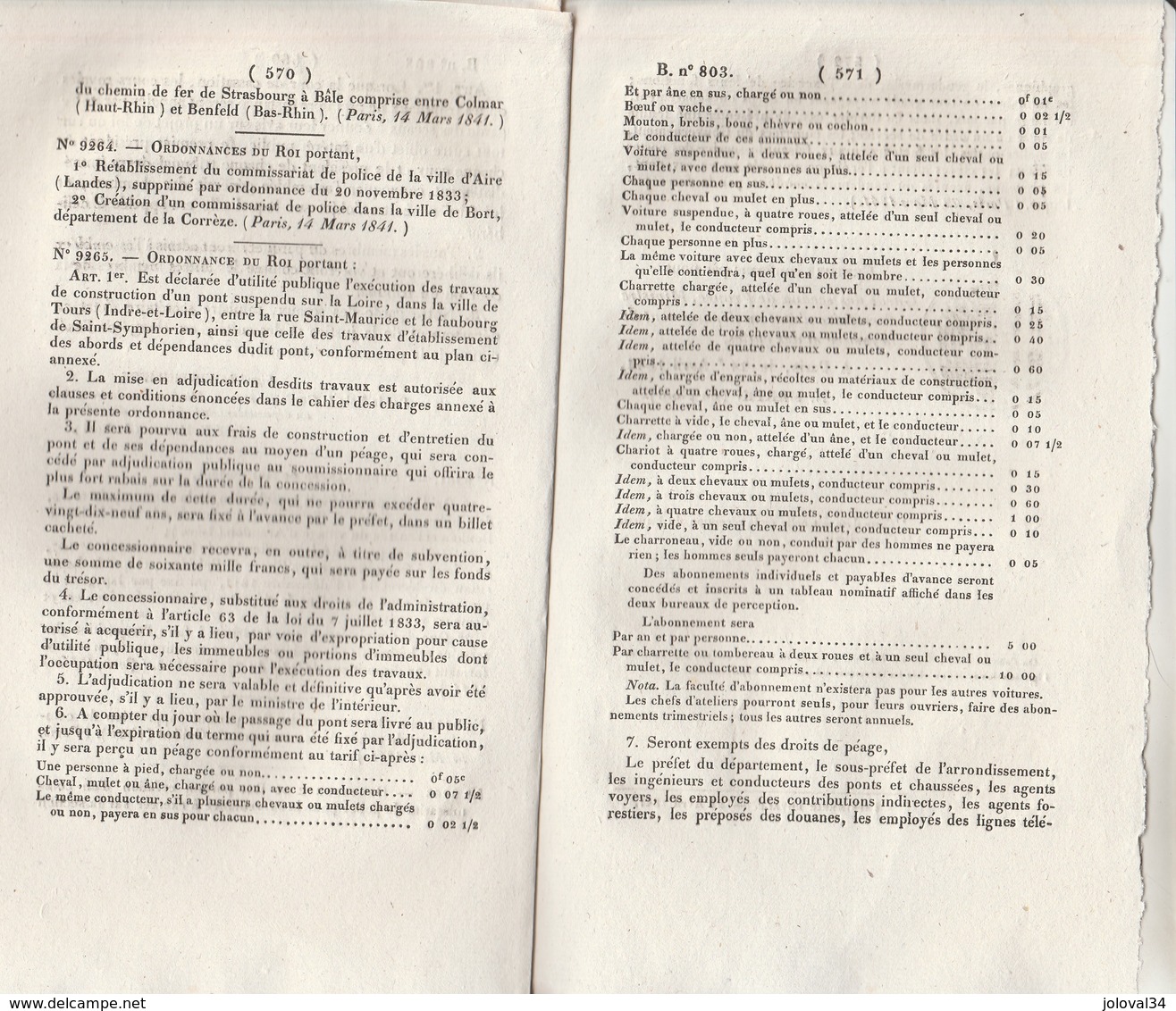 Bulletin Des Lois 803 De 1841 - Pont Sur Loire à Tours - école Préparatoire Médecine Pharmacie Dans Plusieurs Villes - Décrets & Lois