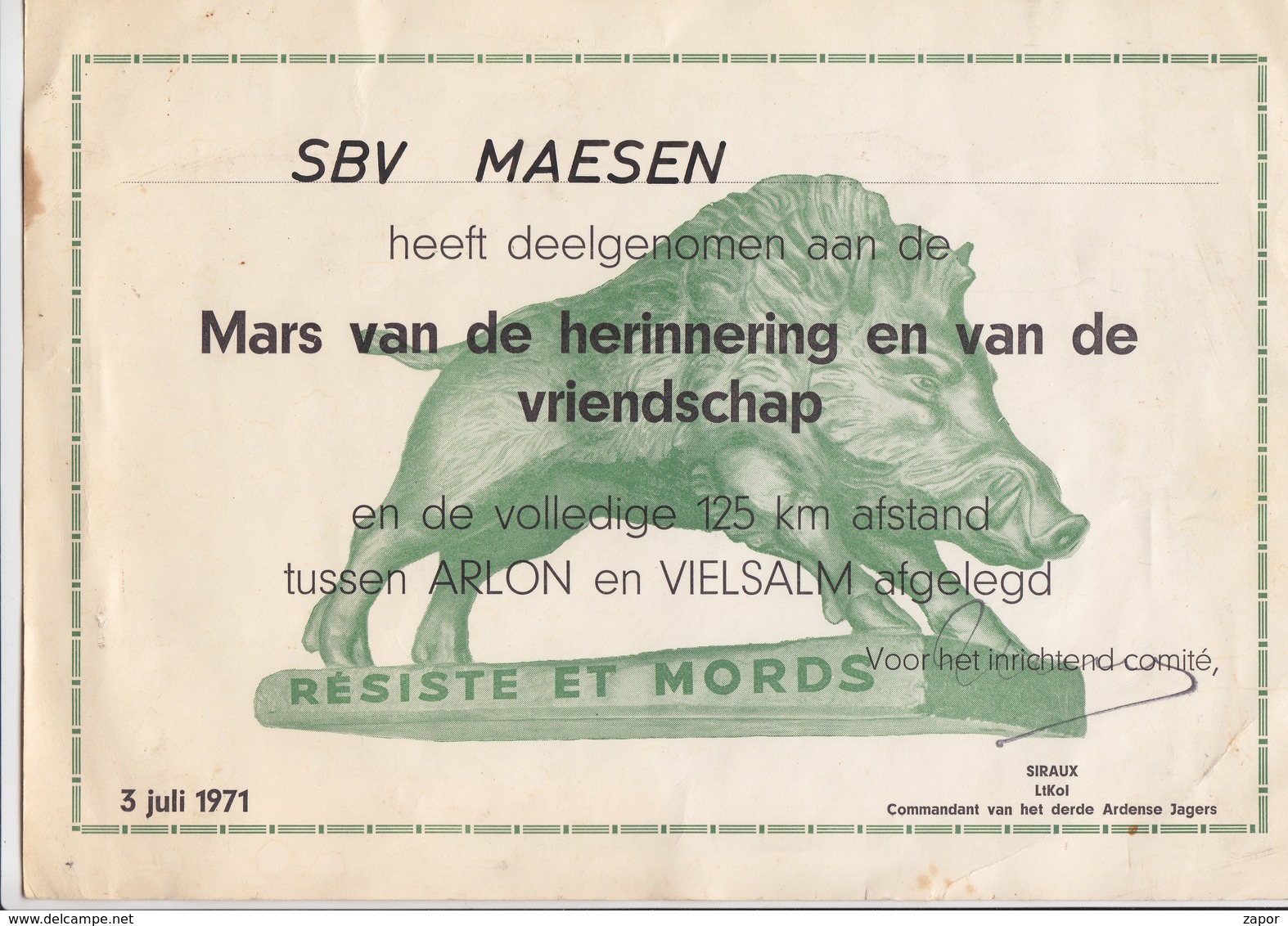 Getuigschrift - Mars Van De Herinnering En Van De Vriendschap - 125 Km Ts Arlon En Vielsalm - Ardense Jagers - 1971 - Documents