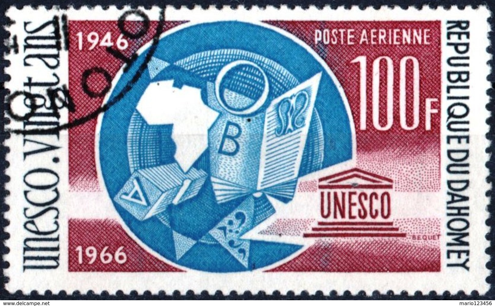 DAHOMEY, POSTA AEREA, AIRMAIL, ANNIVERSARIO UNESCO, 1966, 100 F., USATO, Mi:DY 292, Scott:DY C45, Yt:DY PA49 - Benin – Dahomey (1960-...)