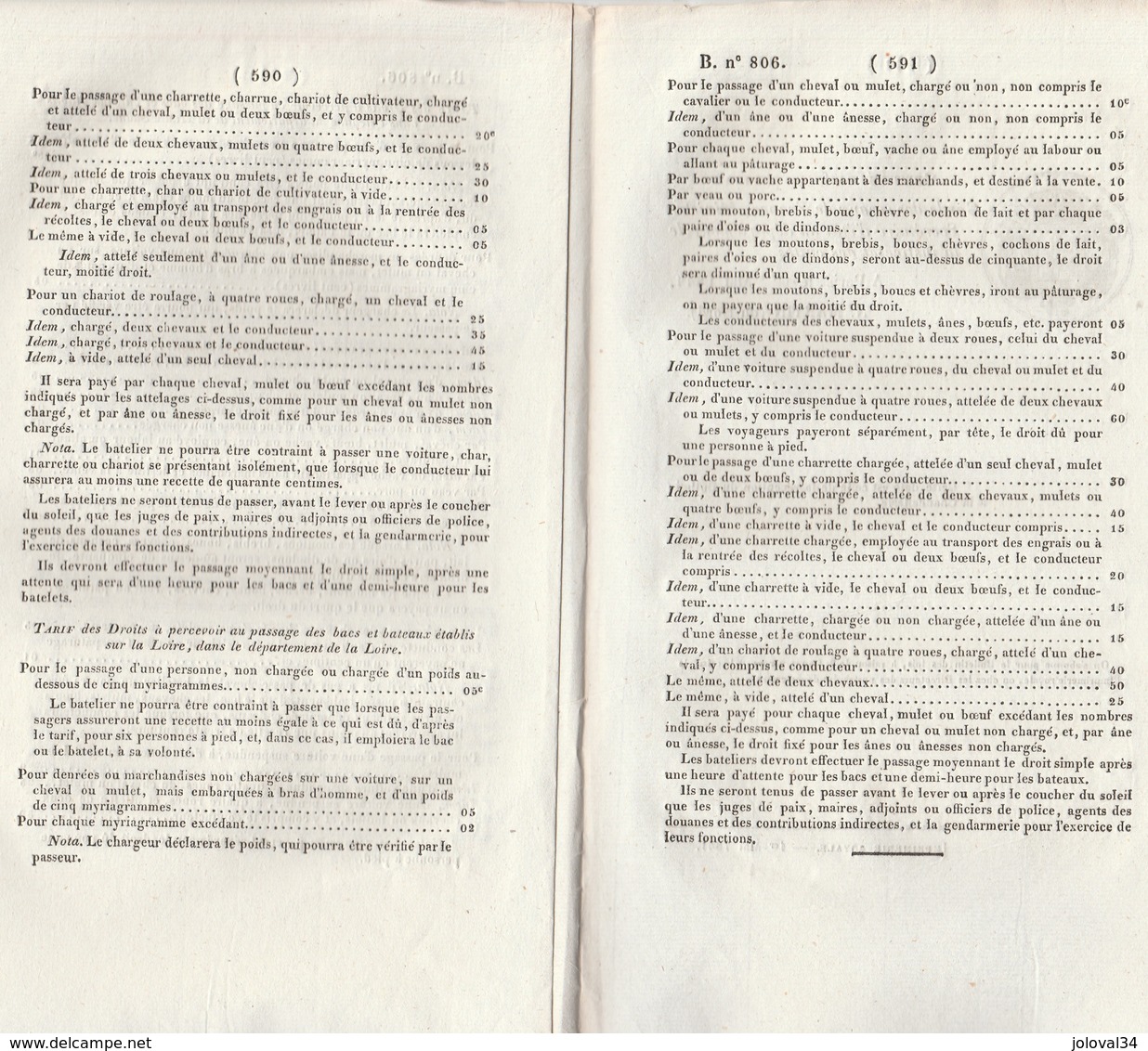 Bulletin Des Lois 806 De 1841 - Péage Passage Bacs Et Bateaux Département Haute Saône Et Sur La Loire Dép Loire - Décrets & Lois