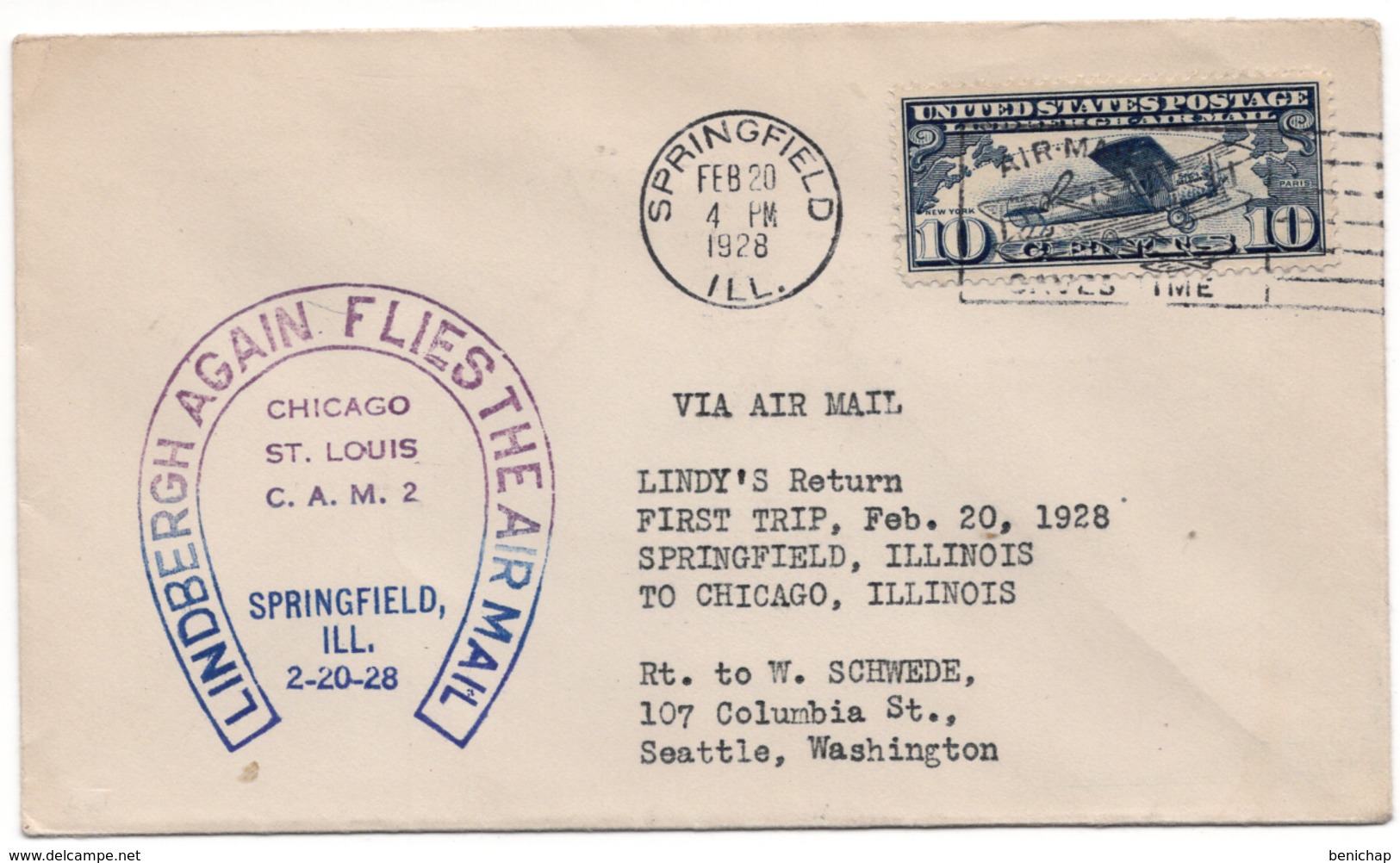 (R68) Scott C10 - 10c Lindbergh 1928 Chicago - St-Louis -  Sprinfield  C.A.M. 2 - Seattle -  Spirit Of Saint-Louis. - 1c. 1918-1940 Covers