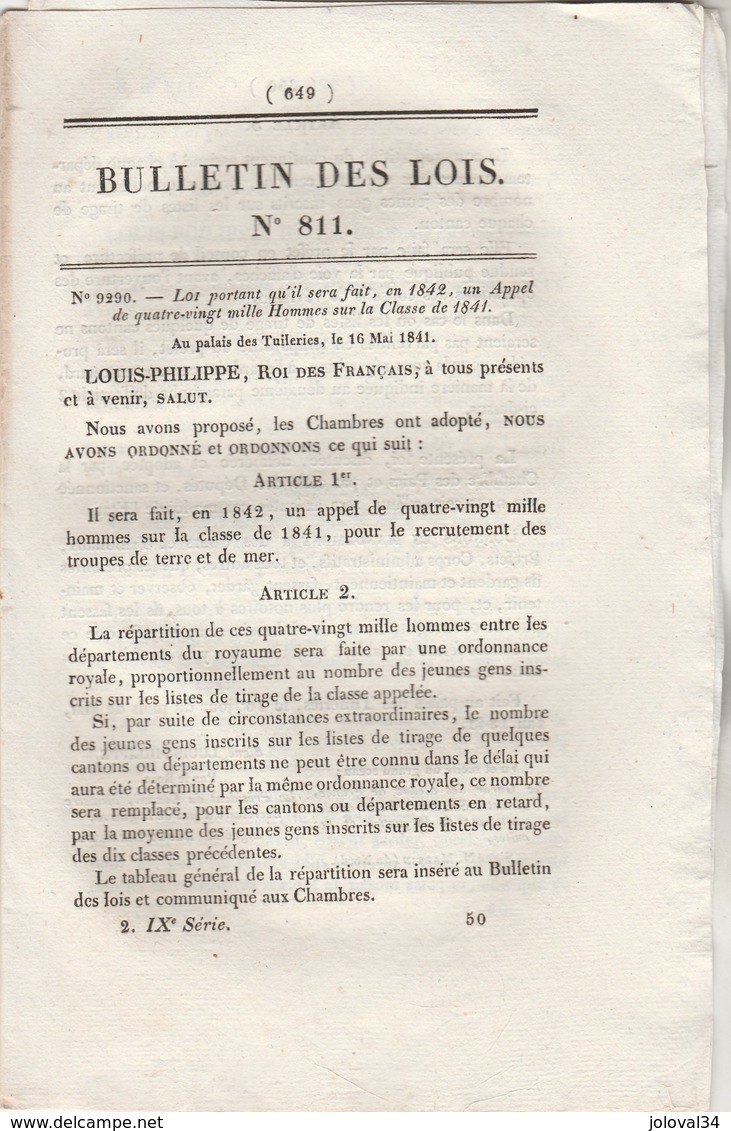 Bulletin Des Lois 811 De 1841 - Création D'emplois Dans La Gendarmerie, Création Légion Gendarmerie à Strasbourg - Décrets & Lois