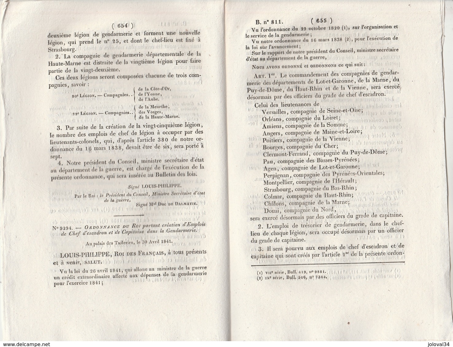 Bulletin Des Lois 811 De 1841 - Création D'emplois Dans La Gendarmerie, Création Légion Gendarmerie à Strasbourg - Gesetze & Erlasse