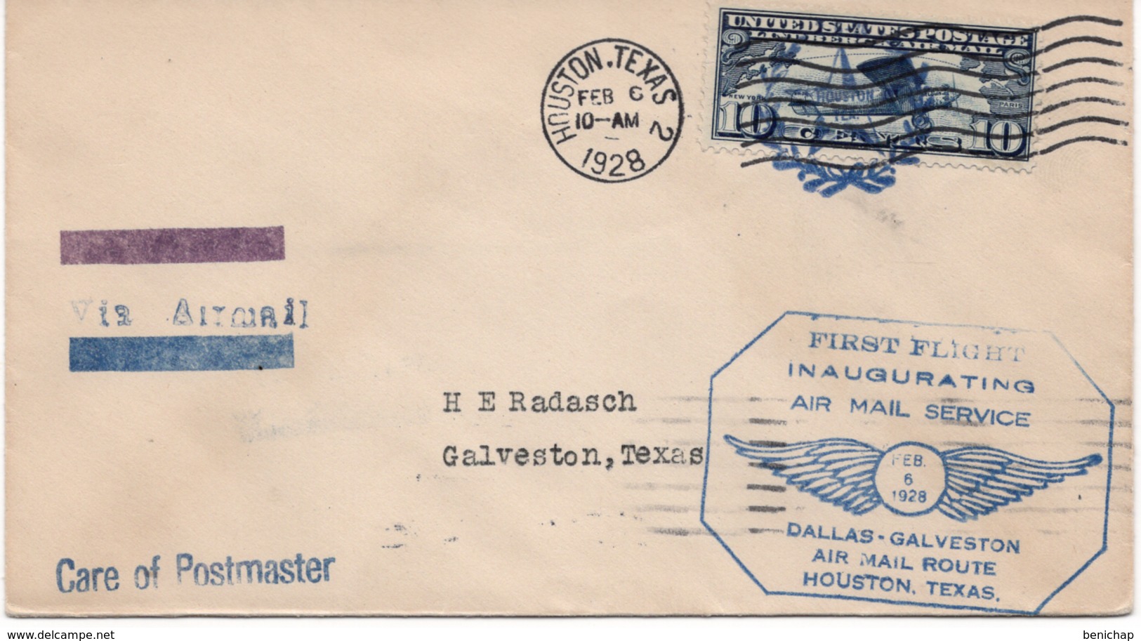 (R70) Scott C10 -10c Lindbergh 1928- First Flight Inaugurating Air Mail Service - Dallas-Galveston- Houston - Texas. - 1c. 1918-1940 Lettres