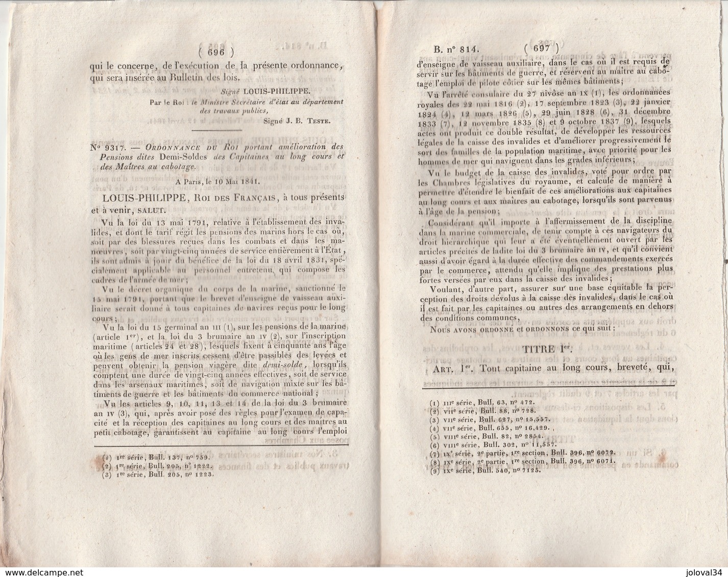 Bulletin Des Lois 814 De 1841 - Prix Froment - Pensions Des Capitaines Au Long Cours Et Maîtres Au Cabotage ( Marine ) - Décrets & Lois