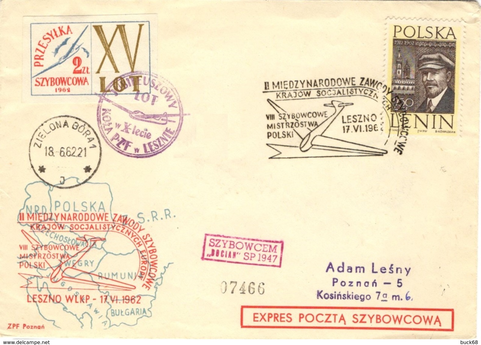 POLOGNE POLSKA POLEN 1171 (o) Brief  Lettre Cover SZYBOWCEM Szybowcowa 1962 Planeur Glider Leszno [GR] - Planeadores