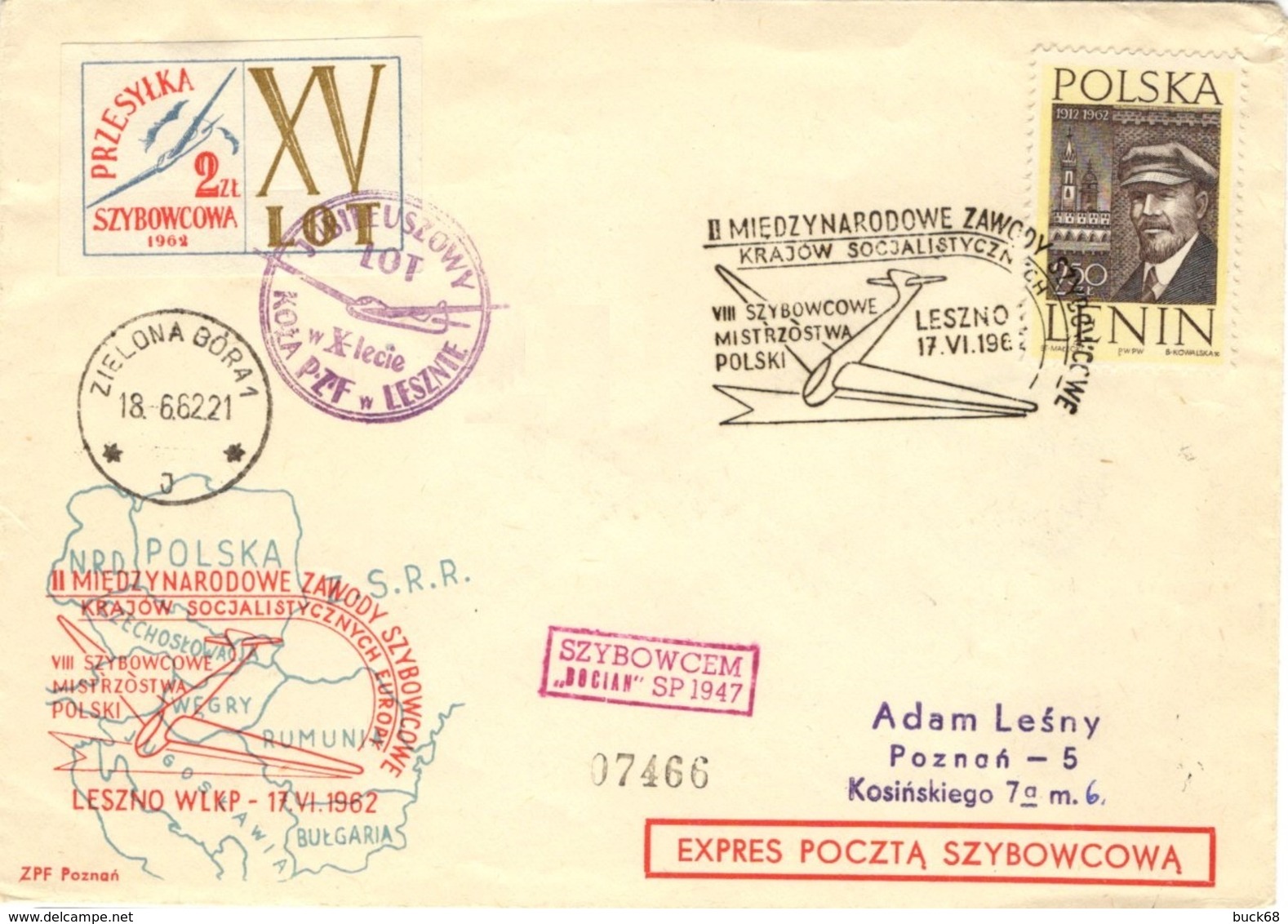 POLOGNE POLSKA POLEN 1171 (o) Brief  Lettre Cover SZYBOWCEM Szybowcowa 1962 Planeur Glider Leszno [GR] - Alianti